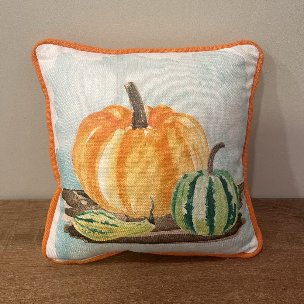 Pumpkin Gourd Fall Harvest Throw Pillow Orange Blue Striped 10" Autumn Decor